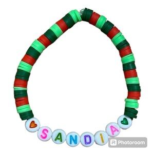Handmade Beaded Bracelet Red & Green Disc Beads with Letter Charms “Sandia”